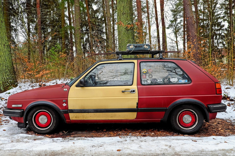 holiday, land, no people, land Vehicle, vw-gtd, red, vehicle, growth, winter, outdoors, plant, woodland, car, motor vehicle, ski, tree, trunk, luggage