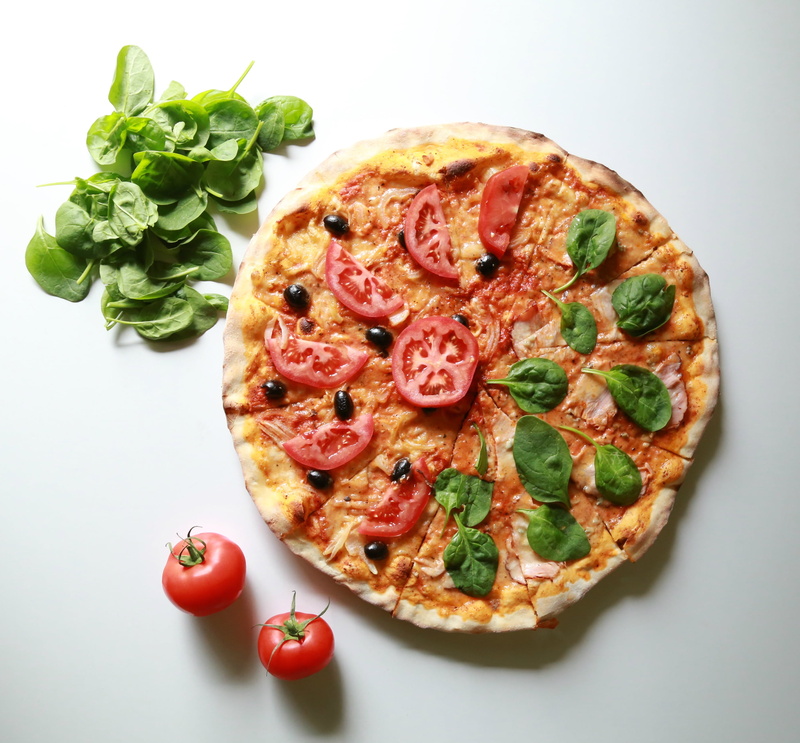 ready-to-eat, pastry Dough, unhealthy eating, meat, mozzarella, cherry tomato, freshness, herb, dairy product, 2K, close-up, spinach, kitchen, dinner