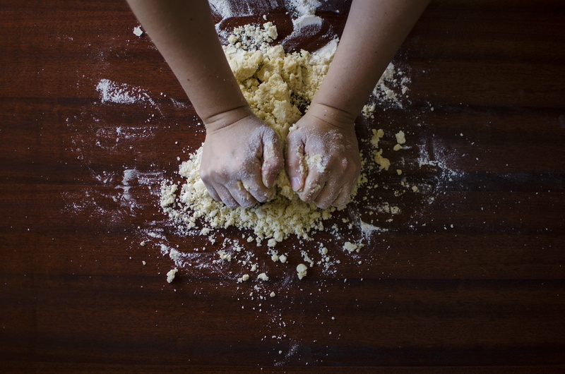 4K, lifestyles, freshness, mixing, food, person, human body part, wood - material, human limb, royalty  images, one person, kneading, hand, baker, flour