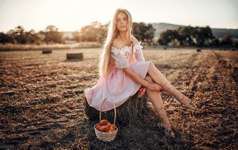 lifestyles, clothing, pink dress, sitting, dress, young adult, hairstyle, bare shoulders, beauty, fashion, young women, peaches, field, portrait, blonde