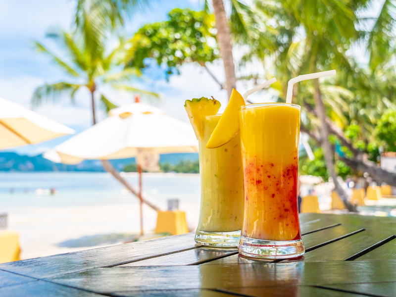 pineapple, drink, 5K, the sun, palms, beach, cocktail, fruit, summer, mango, palm trees, sea, tropical