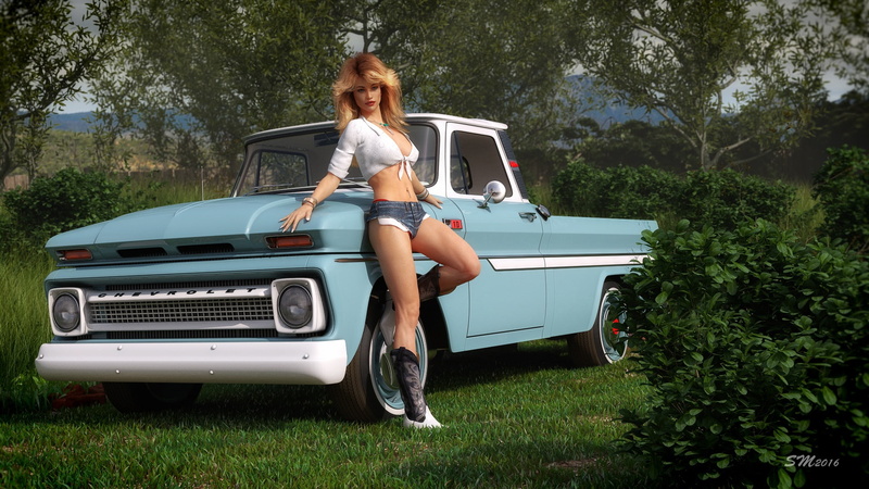 car, woman, pose, trees, Texan Girl with her 65 Chevy C10, 1080P