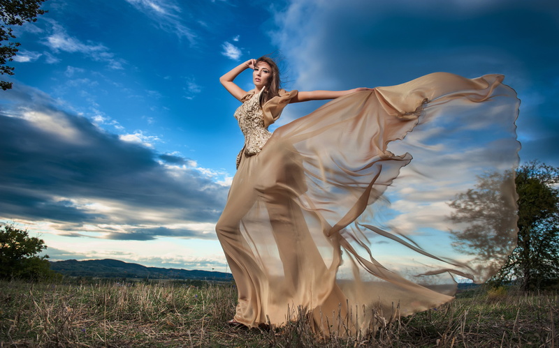 hairstyle, trees, nature, 8K, makeup, model, pose, figure, girl, dress, field