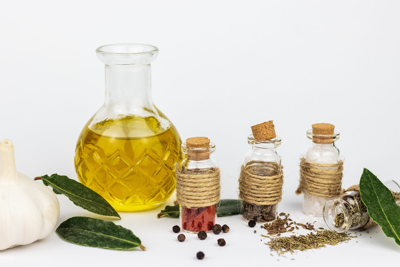 pepper, laurel, health, aromatic, herbs, bottle, liquid, healthy, food, still life, wellbeing, olive oil, leaf, healthcare and medicine, white background