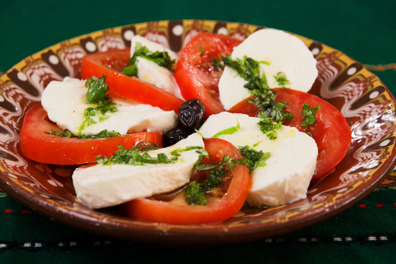 slices, recipe, cheese, dining, food table, edible, dinner, colorful, basil, homemade, greek food, green, wellbeing, wooden background, main, salad, color