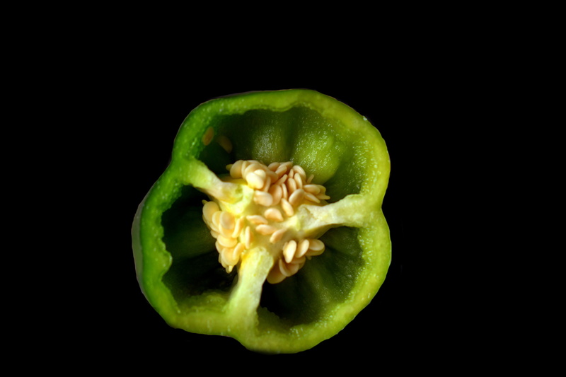 single object, black background, no people, indoors, sliced, close-up, green bell pepper, fruit, vegetable, green color, cut out, pepper, wellbeing, freshness