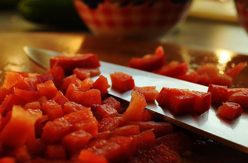 table, cooking, no people, still life, close-up, capsicum, knife, chopped, healthy eating, fresh, tomato, tray, food and drink, vegies, wellbeing, selective focus