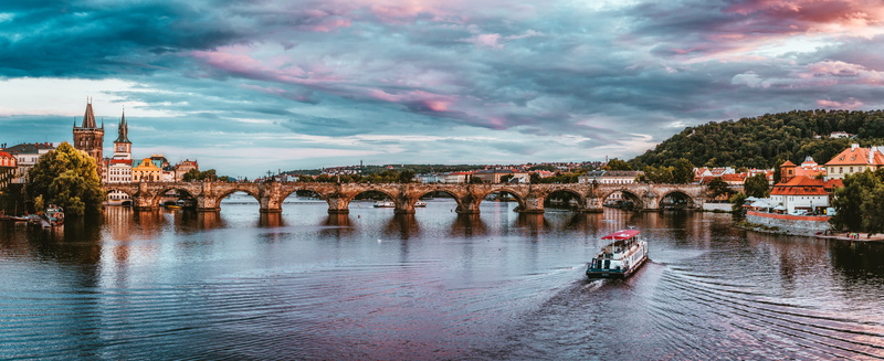 arch, nature, river, boat, cityscape, bridge - man made structure, abendstimmung, dusk, outdoors, prague, panorama, landmark, waterfront, incidental people