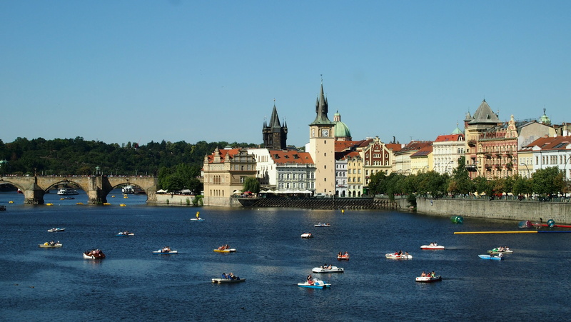 spire, nautical vessel, praha, place of worship, czech republic, blue, mode of transportation, clear sky, water, day, built structure, travel destinations