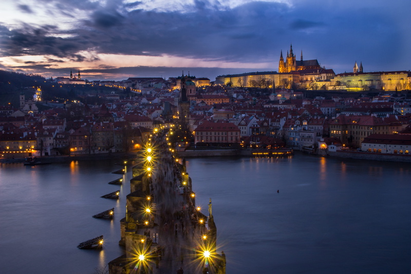 bridge, prague, river, no people, water, cloud - sky, charles bridge, czech republic, outdoors, waters, transportation, building, dusk, chain bridge, 5K