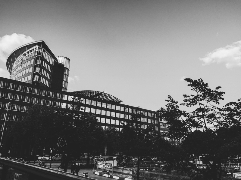 urban, mode of transportation, grayscale, daylight, city, vehicles, building, sky, travel, pavement, office building exterior, trees, architecture, built structure