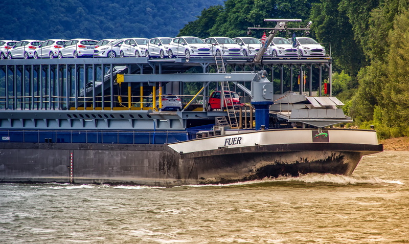 charge, travel, mode of transportation, rhine cruises, green, means of transport, cars, cruise ship, white, spray, day, autotransport, boat, anchored, no people