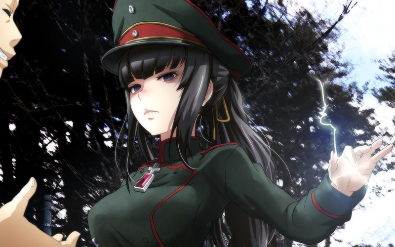 headwear, portrait, beautiful woman, Overlord (Anime), Youjo Senki, Crossover, clothing, front view, hairstyle, warm clothing, helmet, young adult, Anime