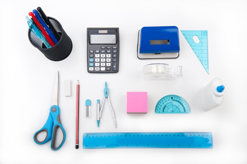study, supplies, office supply, close-up, education, document, office, blue, teach, computer, technology, scissors, desk, white background, professional