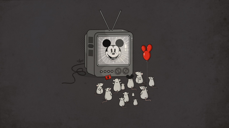 artwork, Mickey Mouse, humor, mice, television sets, balloon, simple background, 2K