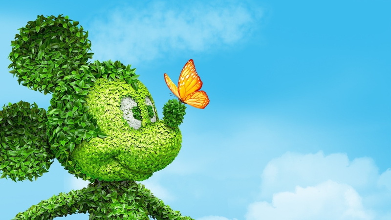 Mouse, Leaves, Butterfly, Sky, 1080P, Mickey, Blue