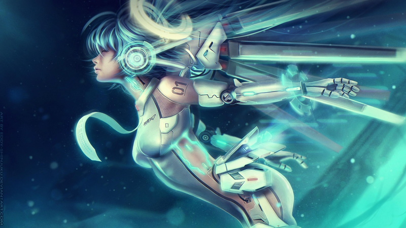 cyberpunk, sea, 2K, underwater, close-up, blue hair, animals in the wild, animal wildlife, one person, marine, indoors, nature, technology