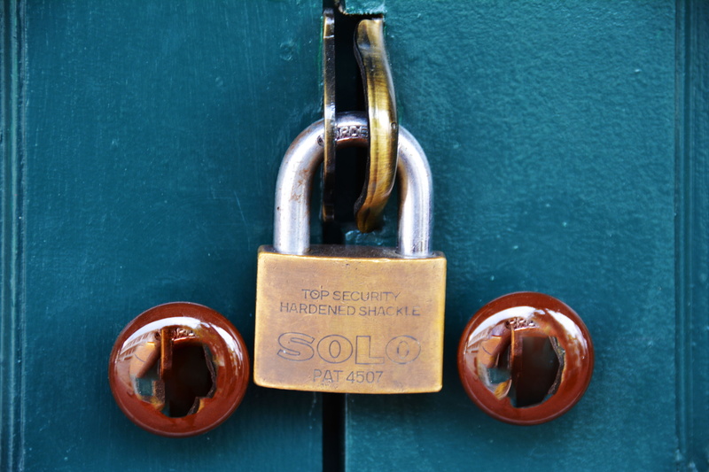 entrance, no people, steel, safe, text, exterior, hanging, protection, pad lock, door, latch, 5K, silver colored, padlock, shut, case hardened, accessibility