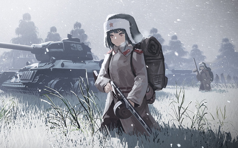 USSR, Soviet Army, anime girls, PPSh-41, winter, 2K, military, war, tank