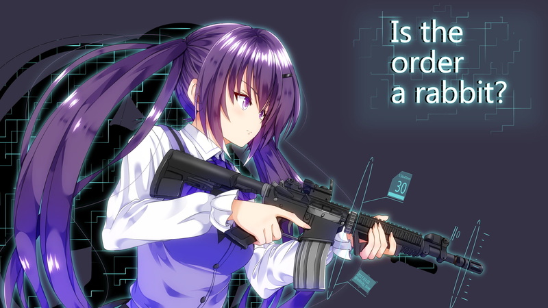 simple background, fan art, gun, anime girls, Tedeza Rize, maid, 1080P, Gochuumon wa Usagi Desu ka, maid outfit, anime, Gochuumon wa Usagi Desu ka?, white skin