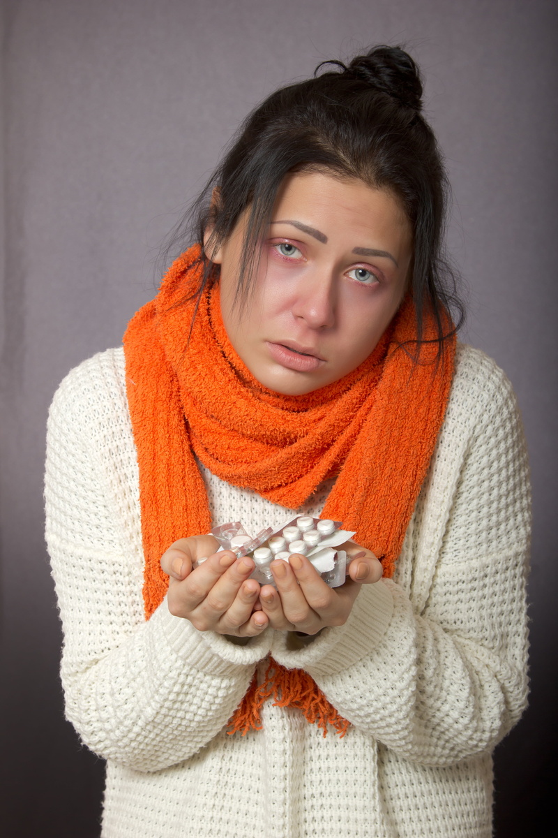 girls, hairstyle, virus, tablets, men, red eyes, gray background, woman, sweater, medication, girl, wool, women, care, headache, beauty, waist up, adult
