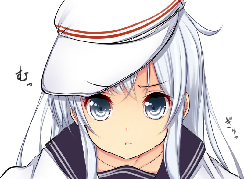 seifuku, eyes, white, hair, hibiki, verniy, kiyomin, blue, kantai, hat, request, close, translation, (kancolle), 720P, collection