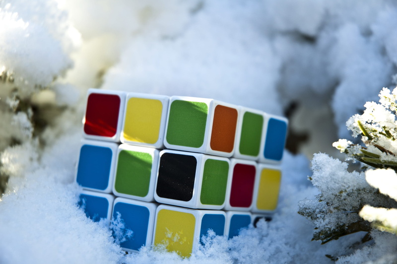 snow, Game, day, Winter, still life, creativity, game outside, flowering plant, white color, leisure, flower, idea, toy, frozen, RubikS Cube, cold - Temperature