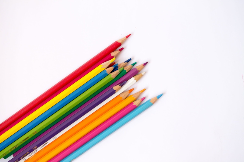 1080P, art and craft, pencil, blue, colorful, variation, color, decoration, no people, cut out, indoors, close-up, white background, collection, studio shot