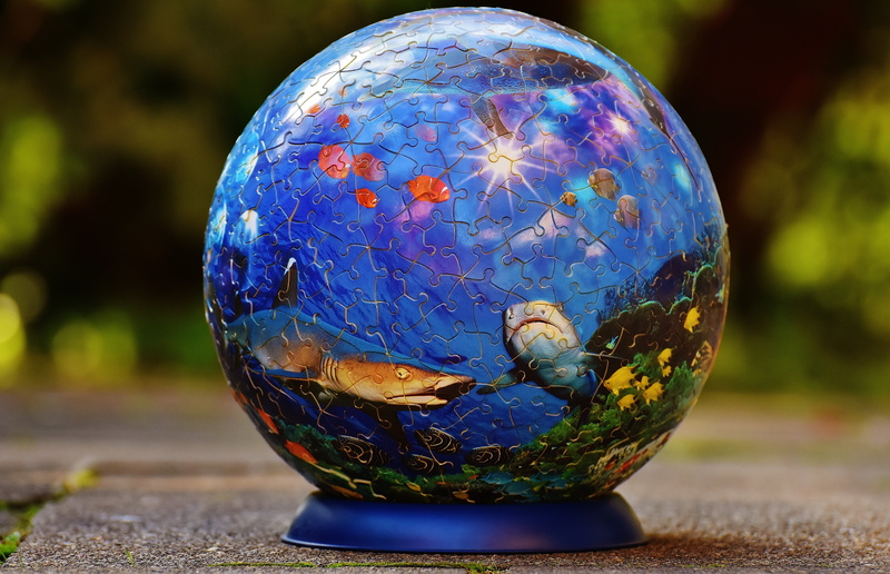 day, puzzle piece, sunlight, puzzle ball, close-up, animal themes, single object, globe, toys, earth, creativity, sphere, play, animal, shark puzzle, patience games
