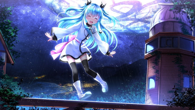 aqua hair, Swordsouls, anime girls, thigh-highs, smiling, blue hair, long hair, rain, Noel (Sora no Method), 1080P, closed eyes, Sora no Method, anime