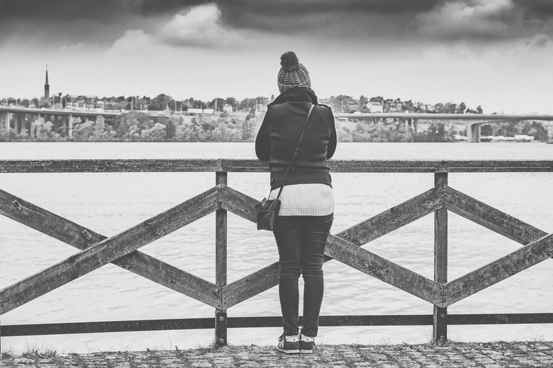 one Person, river, out, looking, women, pier, future, female, gray, girl, built structure, scale, anxiety, past, wood, protection, sea, solution, lifestyles