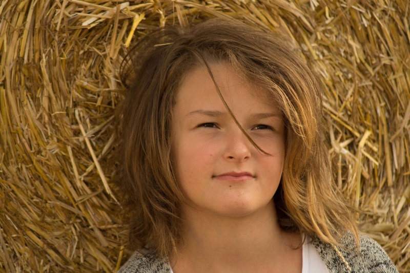 hair, childhood, crop, landscape, 4K, front view, day, headshot, portrait, joy of life, young, plant, farm, gray, human, top, hay, consider, face, blond