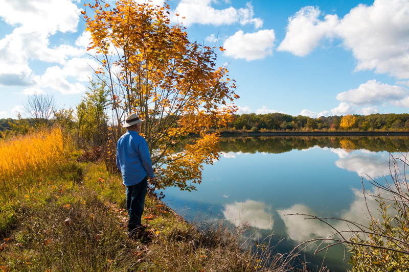 beauty in nature, 5K, bank, enjoy, lake, senior, recovery, landscape, old man, sky, real people, one person, thoughts, water, front, blue, peaceful, autumn colours