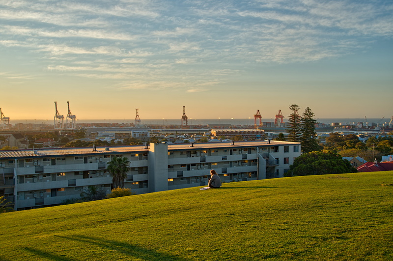 fremantle, travel destinations, hill, grass, cityscape, alone, pondering, 5K, sunset, cloud - sky, hdr, city, incidental people, girl, day, plant, port