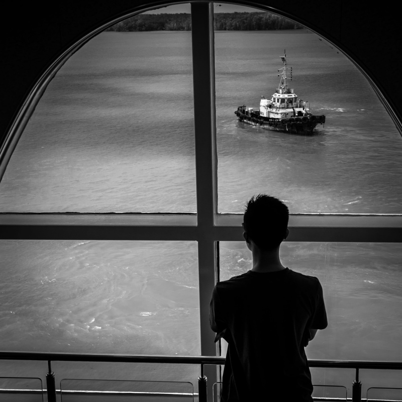 glass - material, child, serenity, calm, water, zen, indoors, tranquil, sea, men, real people, reflection, nautical vessel, window, standing, 2K, nature
