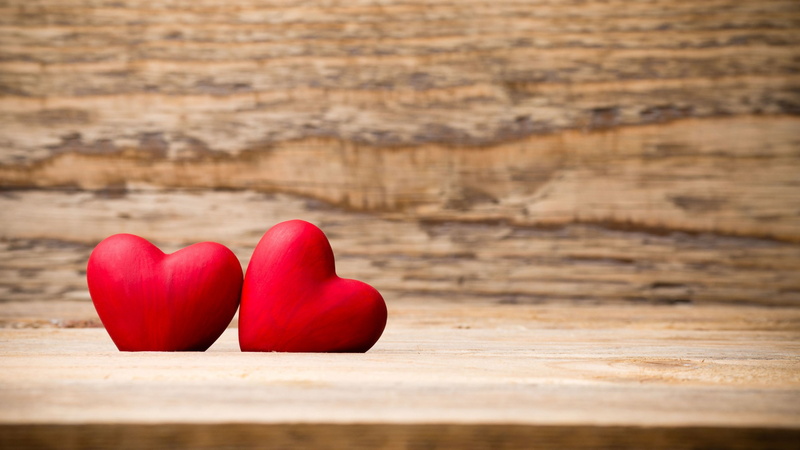 4k, red, heart, wooden, love image, 4K, figure, brown, two, table