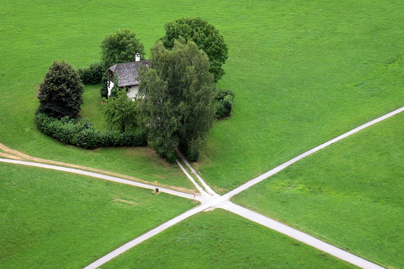 aerial, chance, high angle view, green Color, view, lawn, house, landscape, sport, alternative, green, junction, gray, architecture, growth, decision, tree
