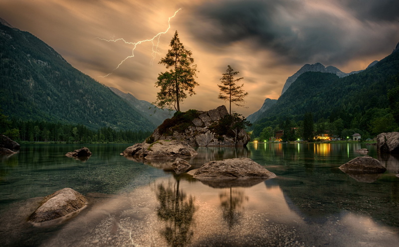 rock, raincloud, mountain peak, solid, Scenery, lightning, Rocks, mountainlake, thunderstorm, mountain, tranquility, Travel, beauty in nature, rock - object