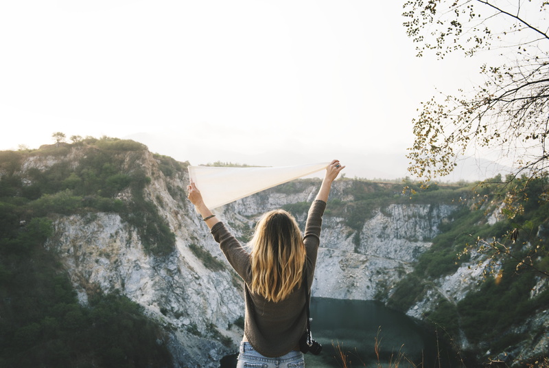 sky, summer, woman, scenic, 5K, rock, real people, hairstyle, tranquil scene, one person, care, peace, outdoors, adventure, chill, climb, landscape, scenics - nature
