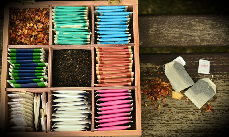 close-up, table, tea box, container, for sale, fruit tea, collection, teas, herbal tea, indoors, wood - material, pack, variation, large group of objects