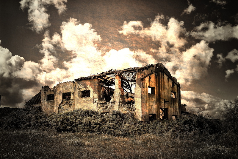 building exterior, day, remote, outdoors, obsolete, old, field, old wood, demolished, deterioration, ruins, ruined, wood, wall, sky, land, plant, built structure
