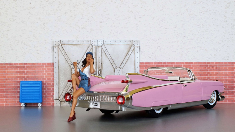 model, mode of transportation, lifestyles, women, automotive, one person, full length, oldtimer, motor vehicle, cadillac, auto, diorama, vehicle, workshop