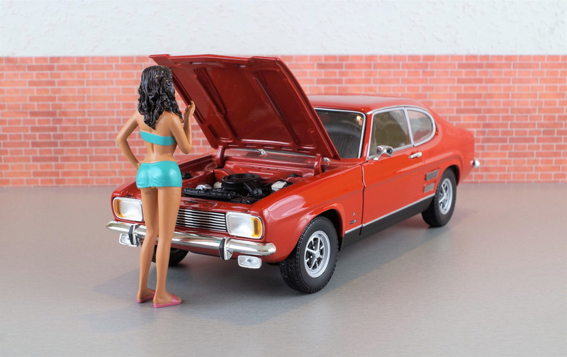 mode of transportation, standing, car, Diorama, Capri, ford, young women, oldtimer, motor, toys, sitting, Model Car, old, sports car, motorsport, auto