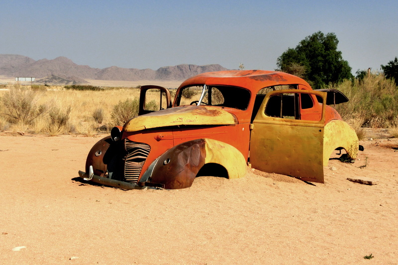 outdoors, vehicle breakdown, sky, sunlight, rusty, environment, transportation, decline, stainless, landscape, scrap car, 4K, run-down, arid climate, scrap