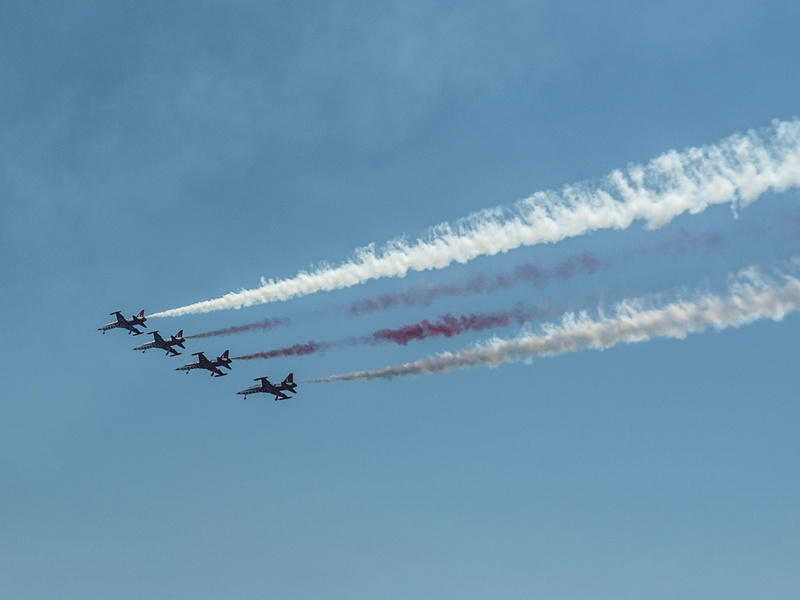 no people, skill, performance, aircraft, mode of transportation, aerobatics, low angle view, outdoors, cloud - sky, transportation, on the move, wind, reaction