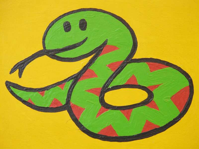 illustration, painted, snake, pop Art, craft, yellow Background, wall - building feature, drawing, colored Background, red, human representation, graffiti