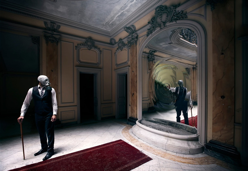 creativity, 1080P, cabinet, day, men, gas masks, group of people, building, government, walking, clothing, wooden, mirror, full length, indoors, built structure