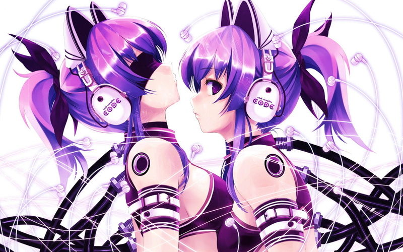 anime girls, multi colored, metal, indoors, fashion, choice, representation, pink color, mask, Exit Tunes, headphones, disguise, purple, 720P, purple hair