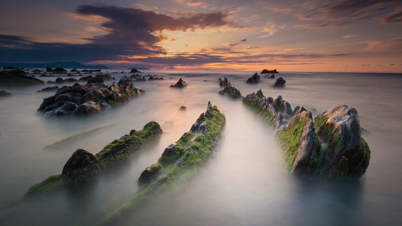Spain, stones, sky, sunset, summer, extract, beach, 1080P, Barrick, evening, clouds, rocks