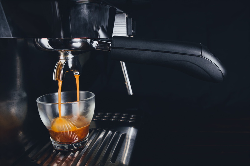 espresso maker, coffee, hot drink, appliance, glass, refreshment, coffee cup, pouring, coffee extraction, machinery, extracting coffee, shot, coffee maker